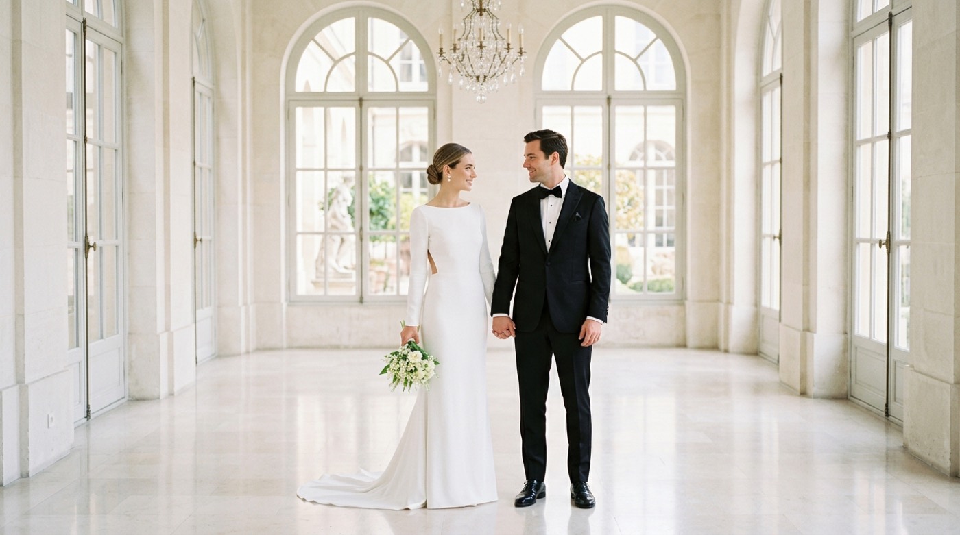 Pareja de novios en un salón luminoso